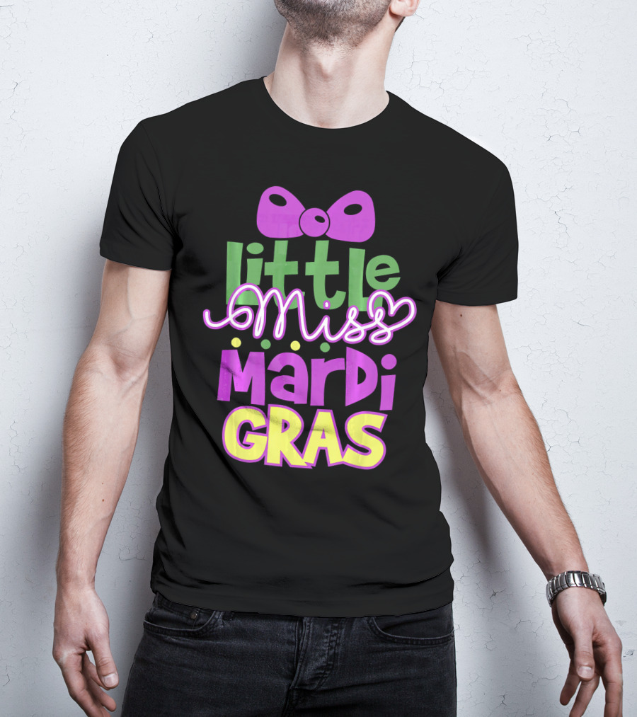 Little Miss Mardi Gras Bow Colorful Letters T-Shirt