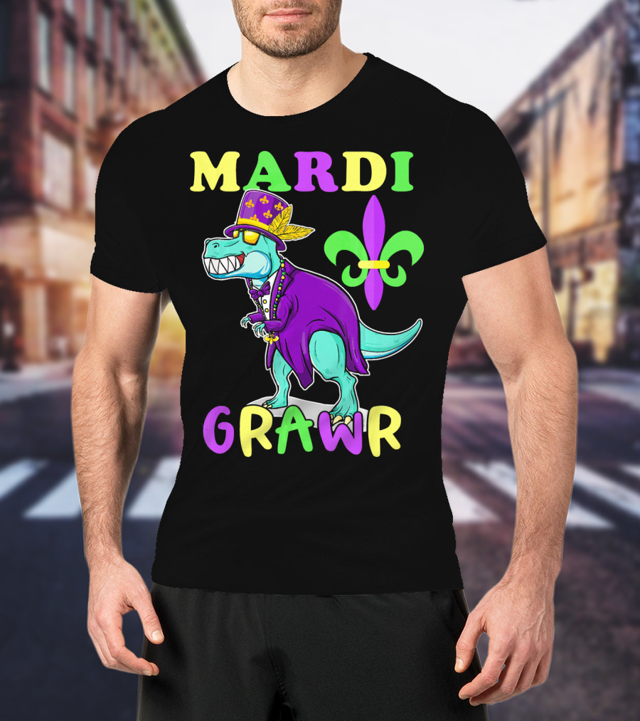 Mardi Grawr Dinosaur Rex New Orleans Fleur De Lis T-Shirt