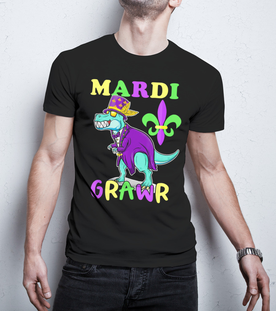 Mardi Grawr Dinosaur Rex New Orleans Fleur De Lis T-Shirt