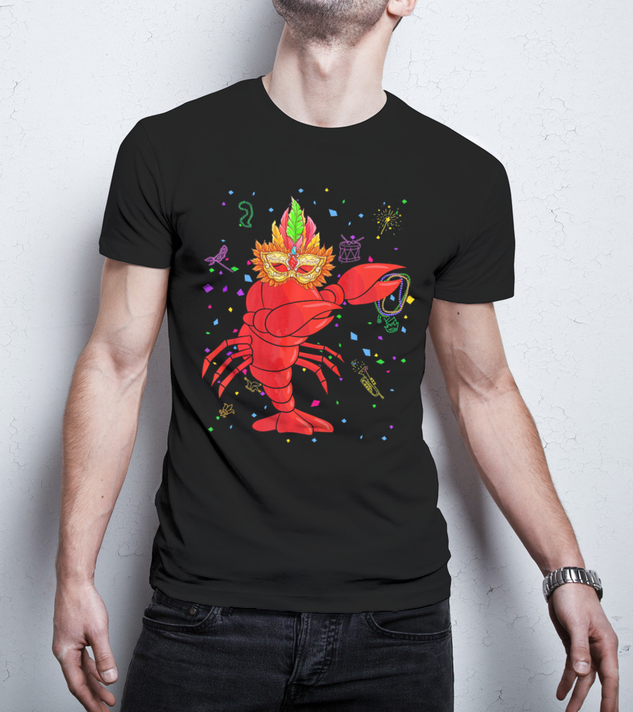 Dabbing Lobster With Mardi Gras Mask And Beads Confetti T-Shirt