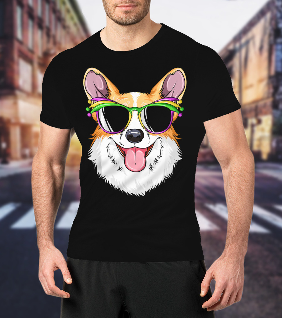 Mardi Gras Corgi With Carnival Mask And Glasses T-Shirt