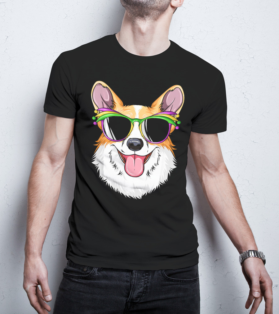 Mardi Gras Corgi With Carnival Mask And Glasses T-Shirt