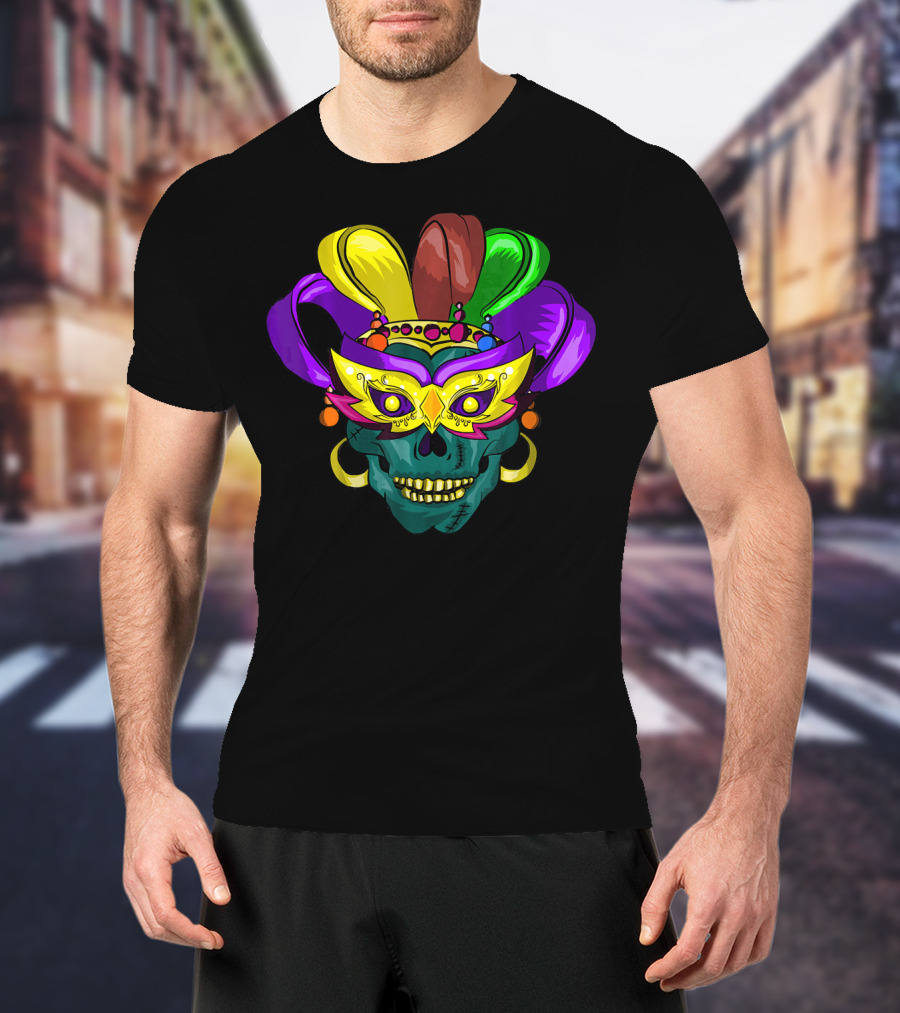 Mardi Gras Sugar Skull Colorful Mask Feather Parade Costume T-Shirt