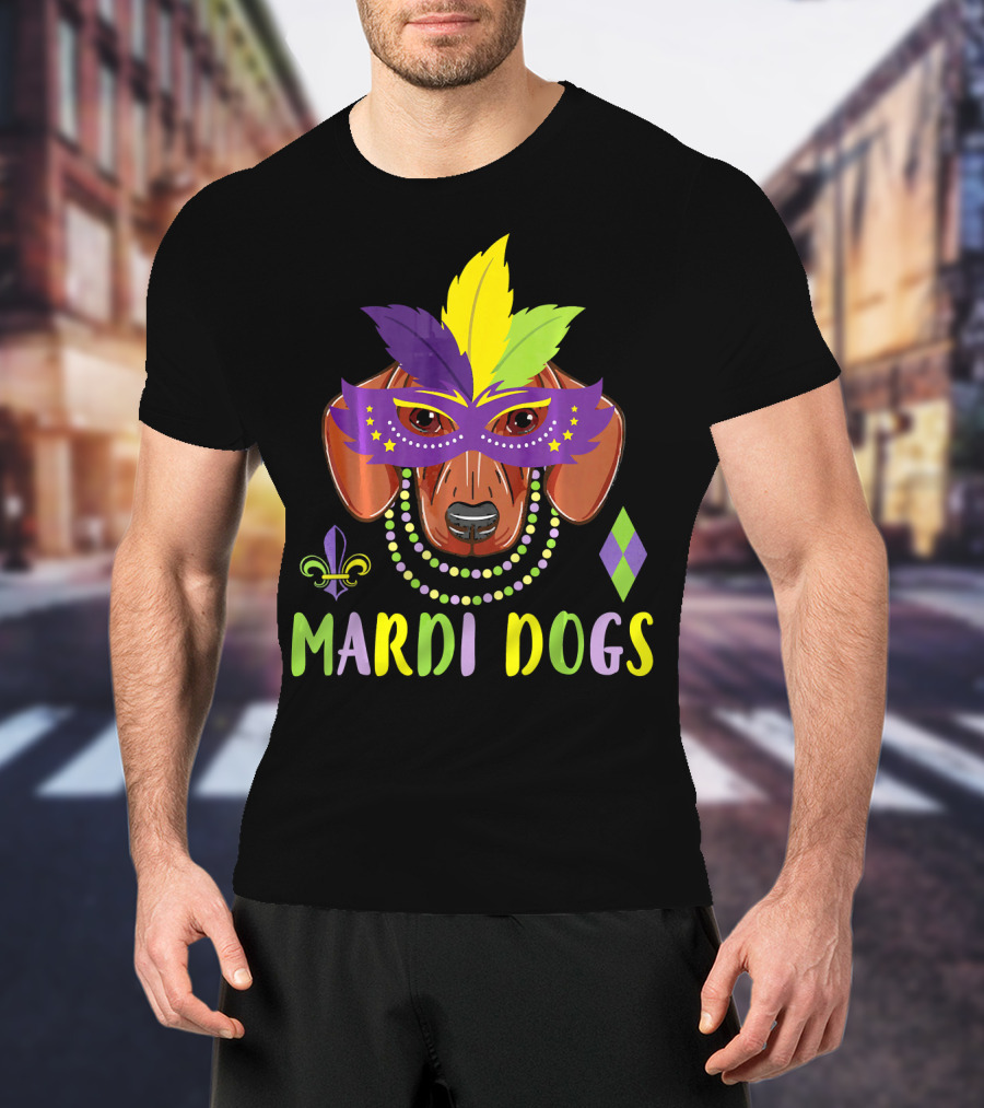 Mardi Dogs Dachshund Mask Beads Fleur-de-Lis Feathers T-Shirt