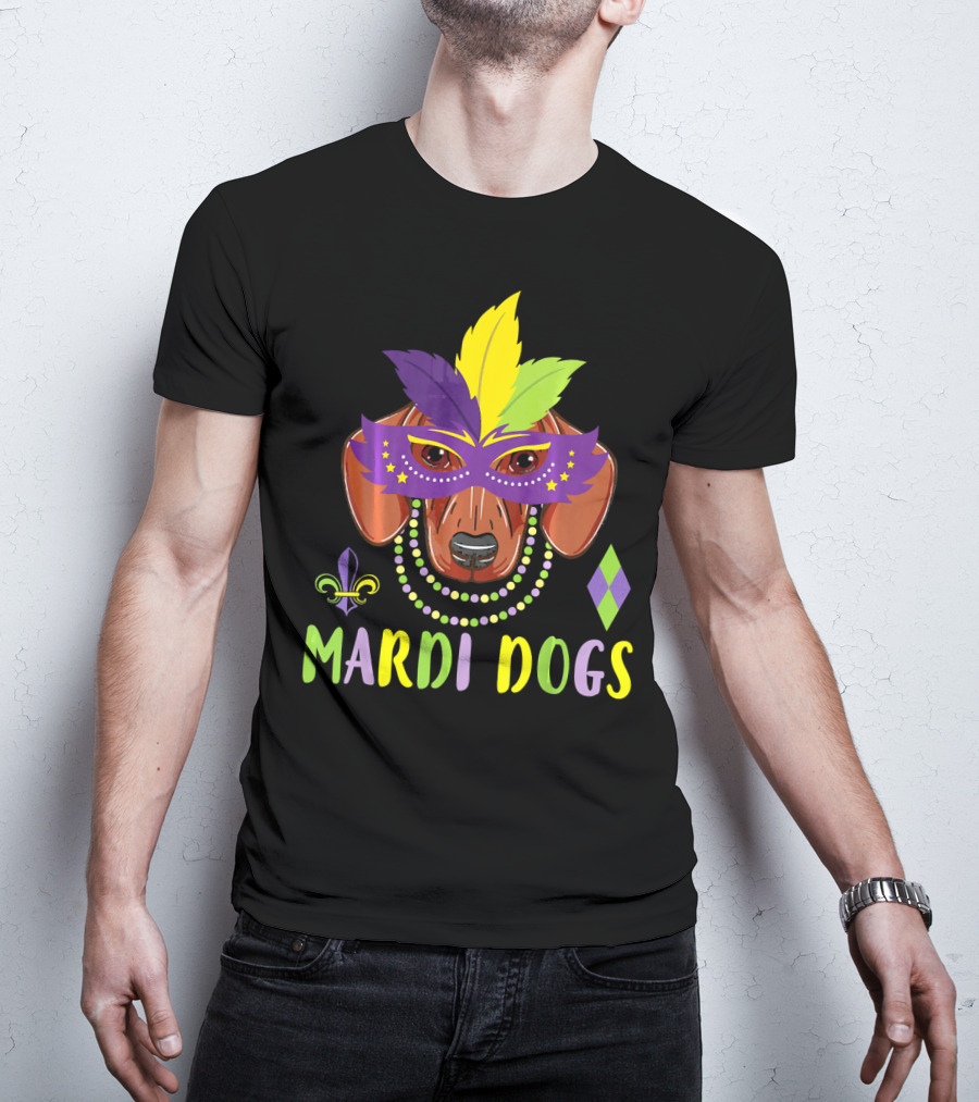 Mardi Dogs Dachshund Mask Beads Fleur-de-Lis Feathers T-Shirt