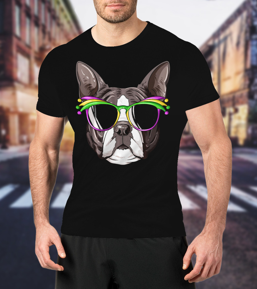 Boston Terrier With Colorful Mardi Gras Carnival Mask Glasses T-Shirt
