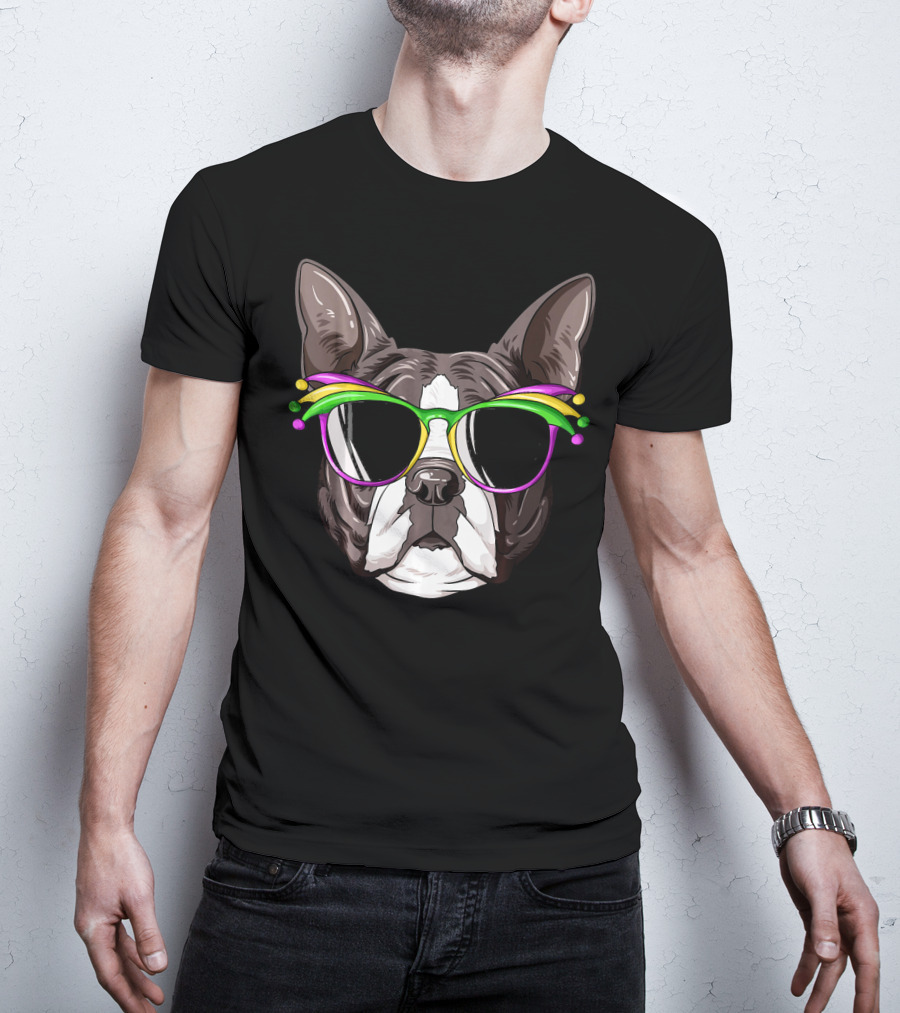 Boston Terrier With Colorful Mardi Gras Carnival Mask Glasses T-Shirt