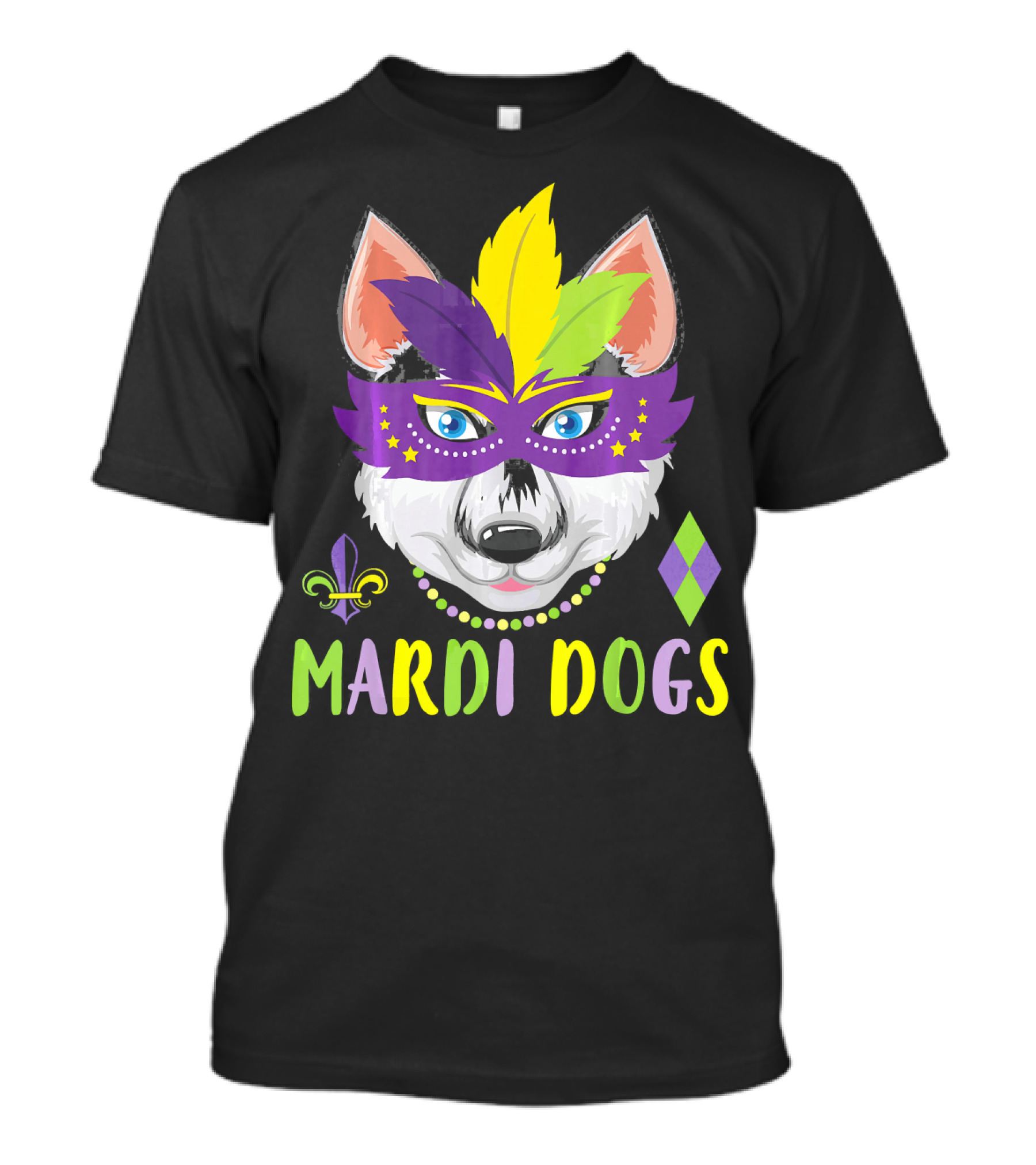 Mardi Dogs Siberian Husky Mask Beads Fleur-de-Lis T-Shirt