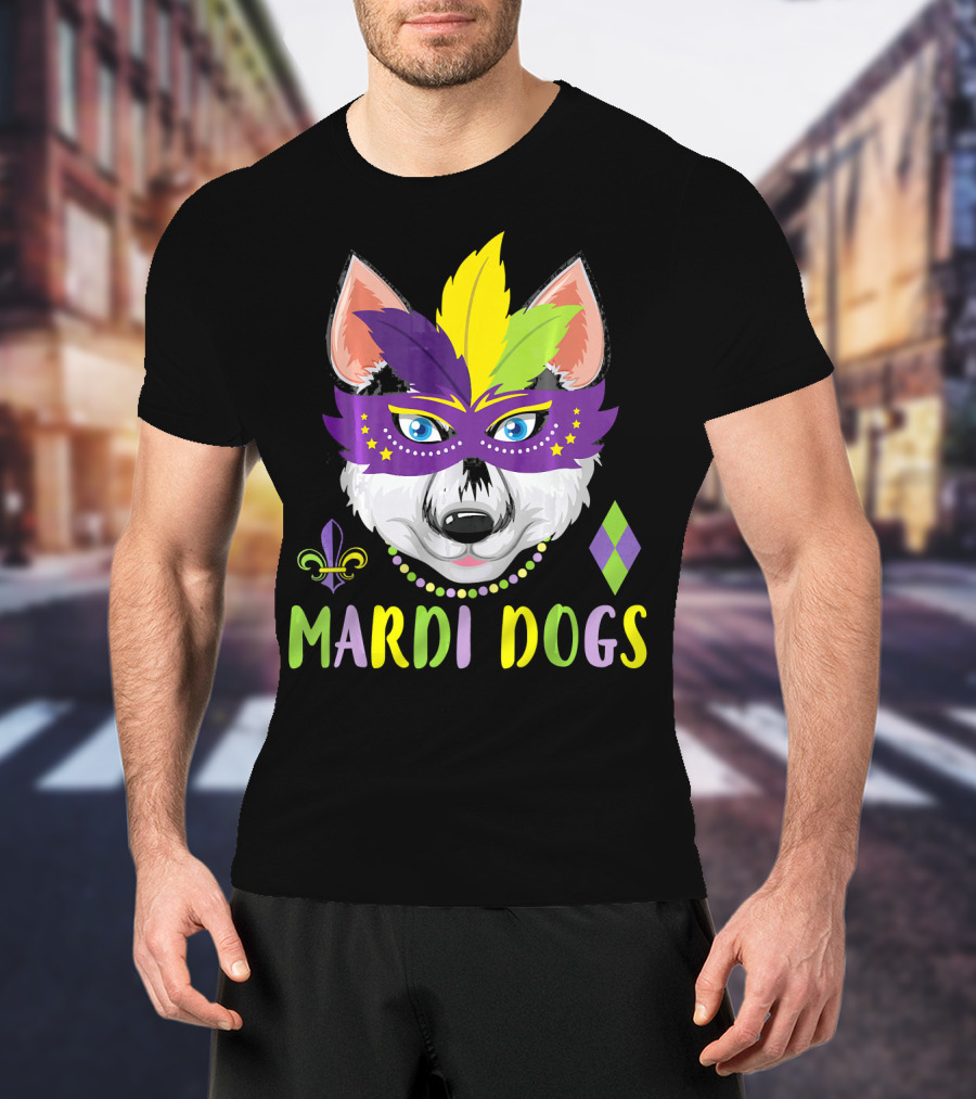 Mardi Dogs Siberian Husky Mask Beads Fleur-de-Lis T-Shirt