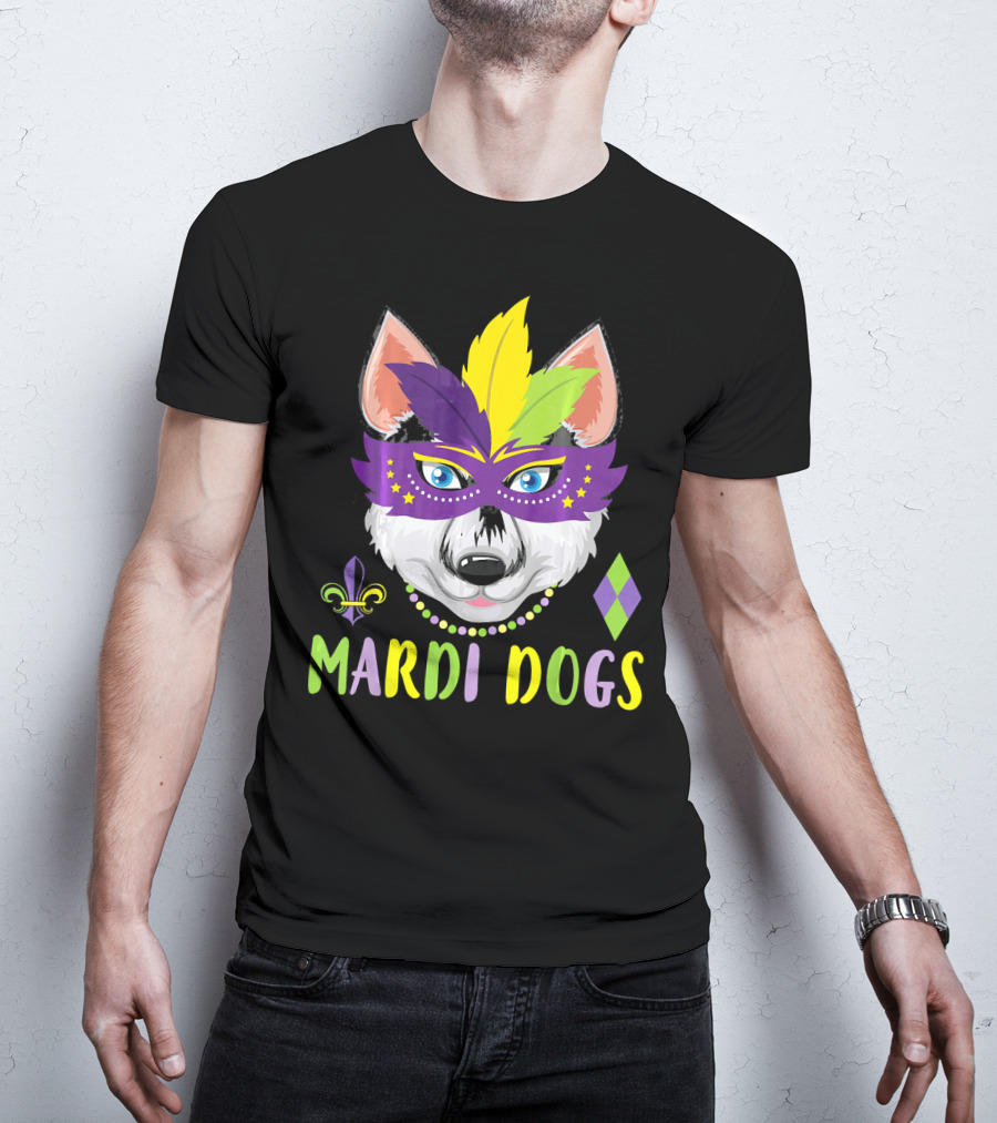 Mardi Dogs Siberian Husky Mask Beads Fleur-de-Lis T-Shirt