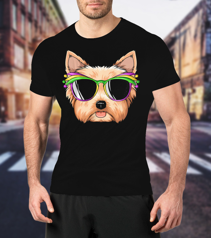 Yorkshire Terrier Mardi Gras Colorful Sunglasses Mask Yorks T-Shirt