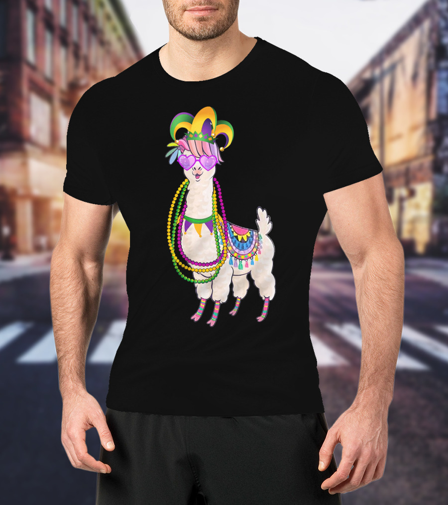 Mardi Gras Beads Masked Llama With Jester Hat T-Shirt