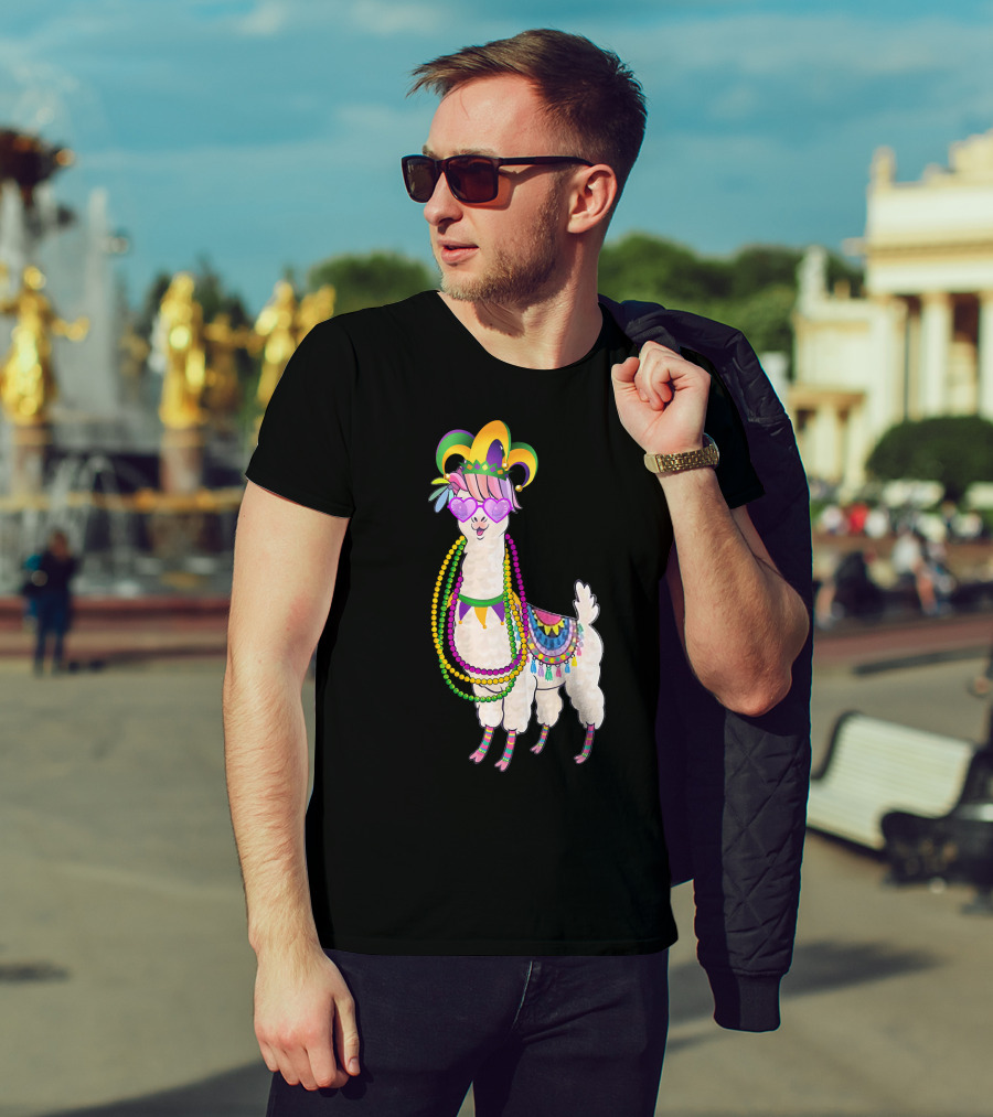 Mardi Gras Beads Masked Llama With Jester Hat T-Shirt