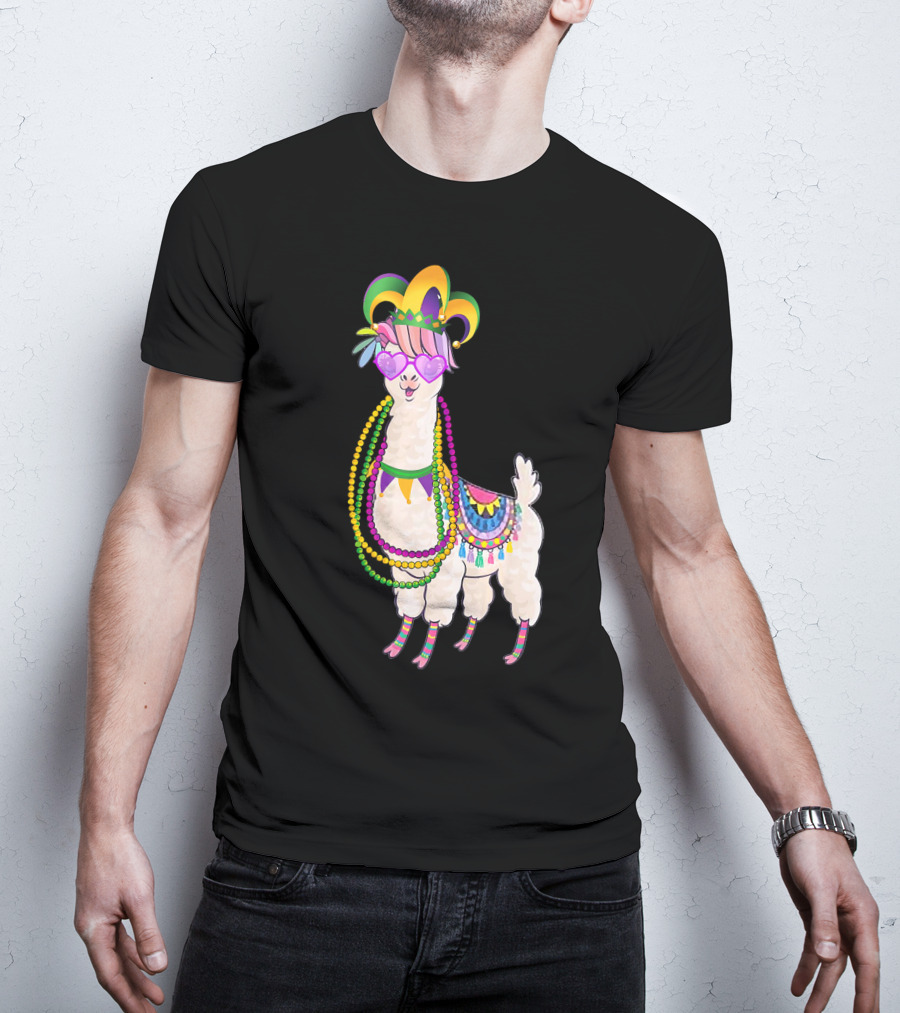 Mardi Gras Beads Masked Llama With Jester Hat T-Shirt