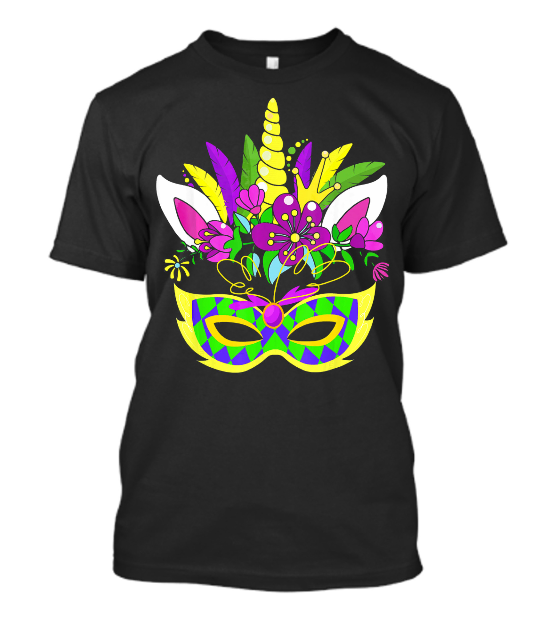 Mardi Gras Unicorn Mask Flowered Headdress T-Shirt