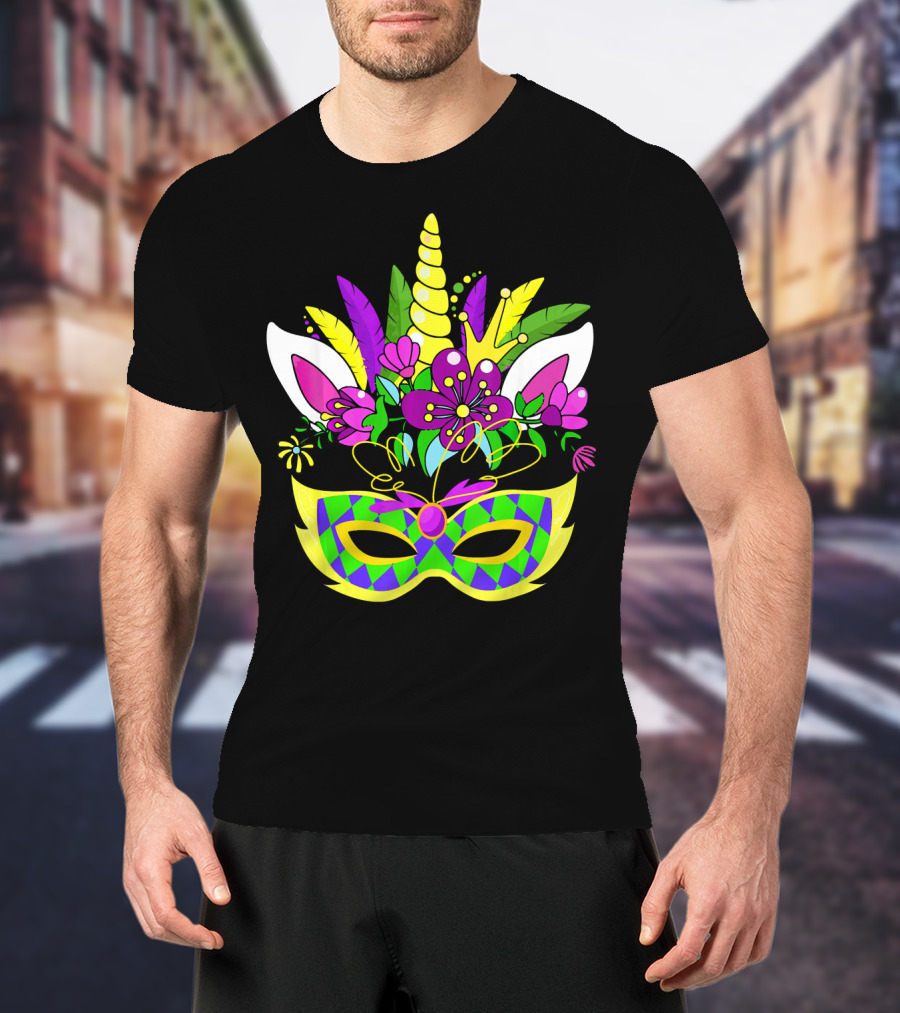 Mardi Gras Unicorn Mask Flowered Headdress T-Shirt
