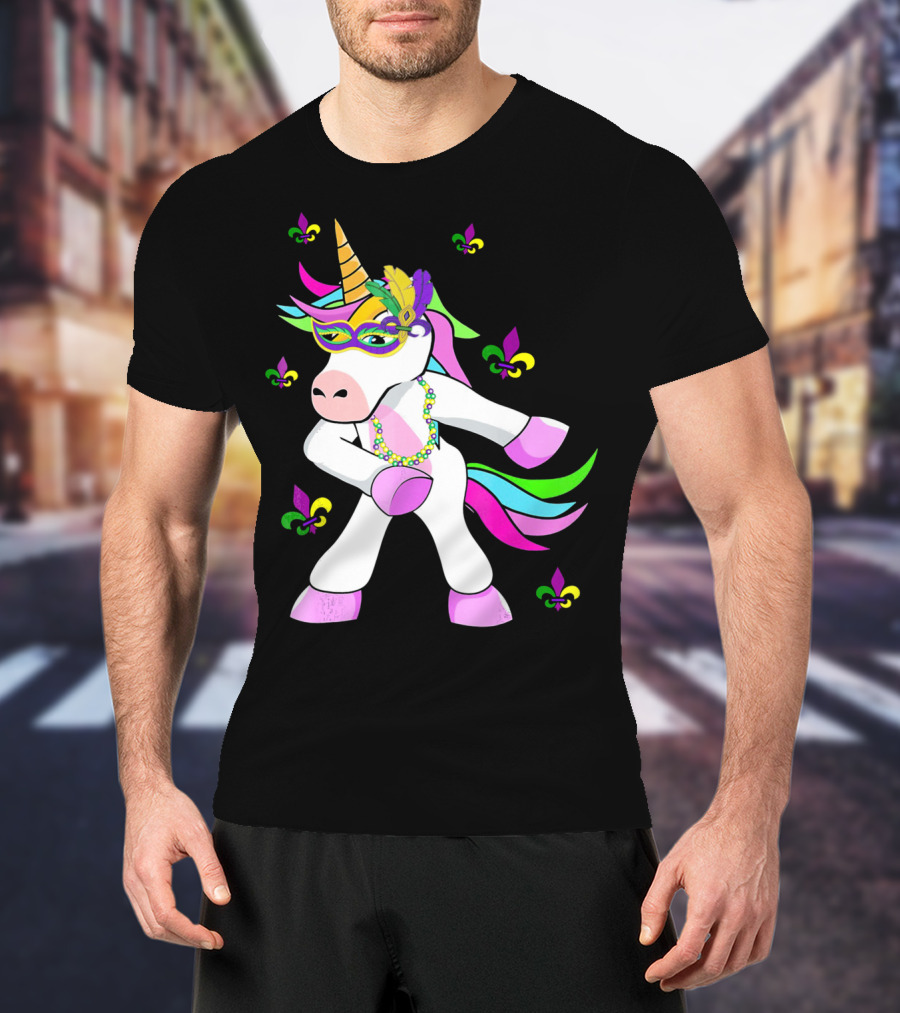 Mardi Gras Flossing Unicorn Fleur De Lis Mask Feathers Beads T-Shirt