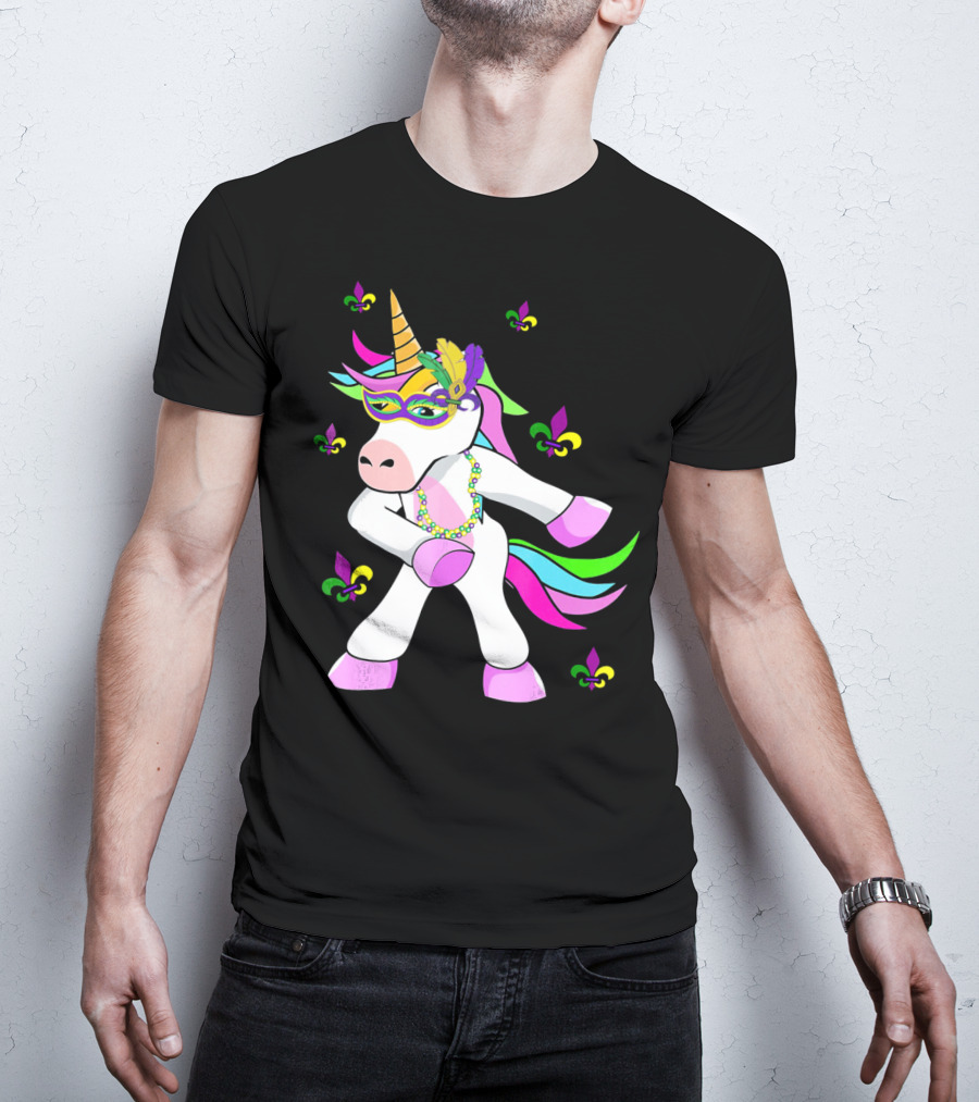 Mardi Gras Flossing Unicorn Fleur De Lis Mask Feathers Beads T-Shirt