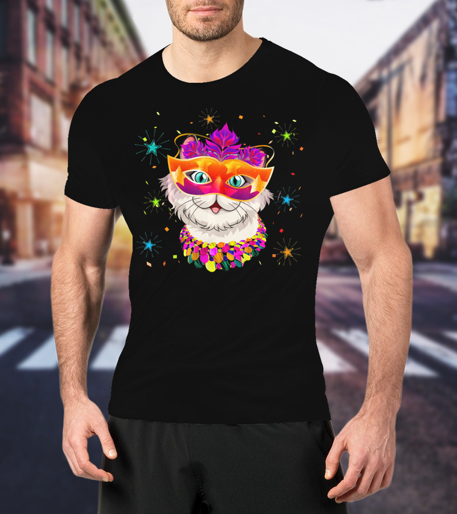 Mardi Gras Cat With Festive Mask And Beads For Cat Lovers T-Shirt