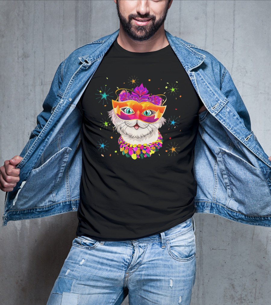 Mardi Gras Cat With Festive Mask And Beads For Cat Lovers T-Shirt