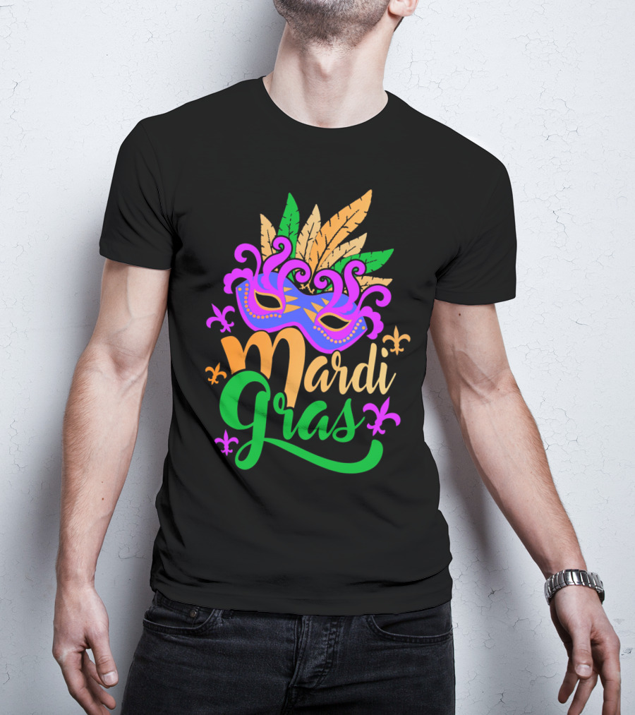 Mardi Gras Mask With Feathers And Fleur-de-Lis T-Shirt
