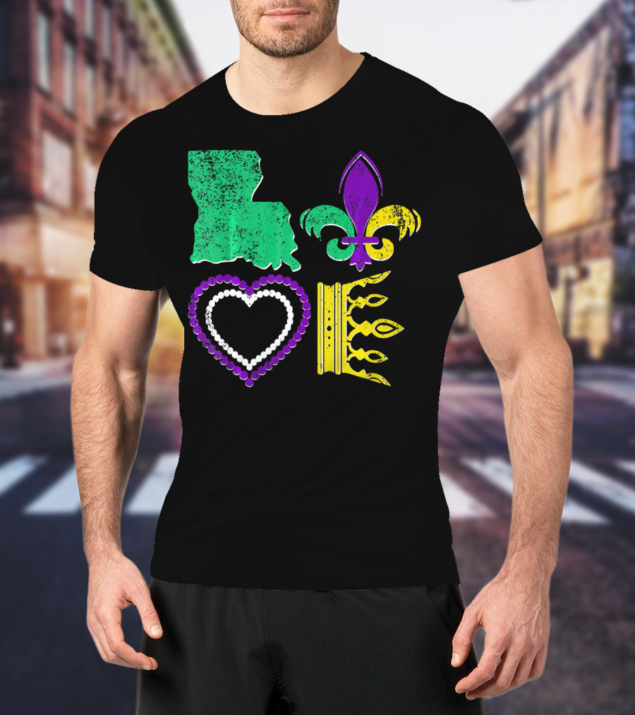 Louisiana Love Mardi Gras Fleur-de-Lis Beads Crown T-Shirt