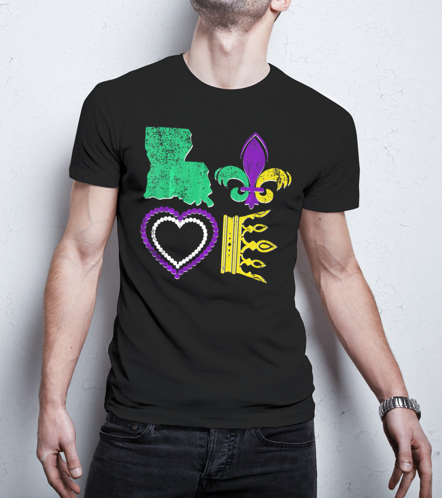 Louisiana Love Mardi Gras Fleur-de-Lis Beads Crown T-Shirt