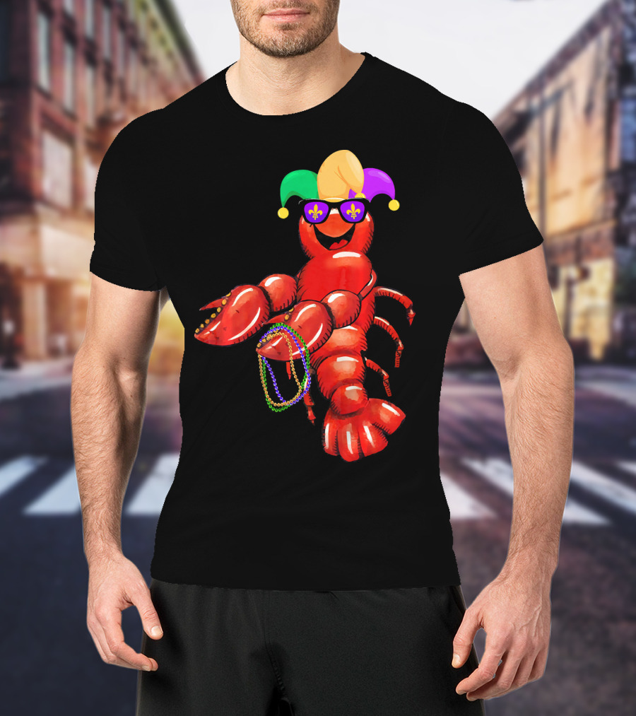 Flossing Mardi Gras Bead Jester Hat Crawfish With Sunglasses T-Shirt