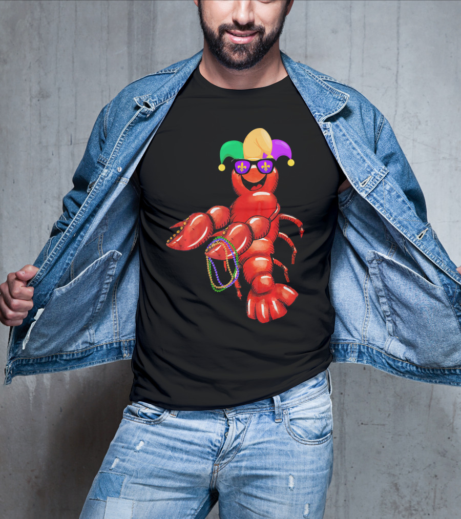 Flossing Mardi Gras Bead Jester Hat Crawfish With Sunglasses T-Shirt