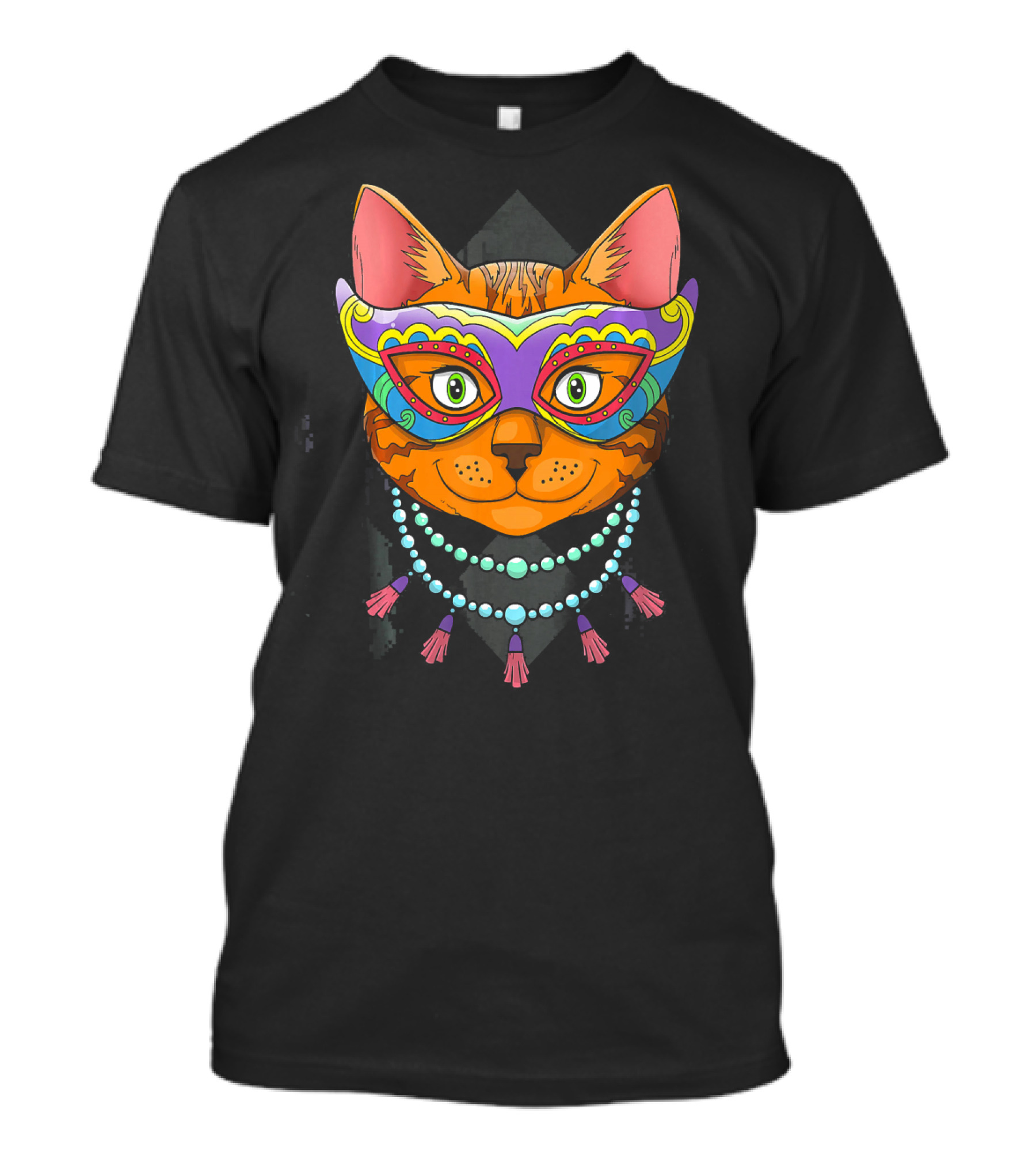 Mardi Gras Cat Mask With Beads And Feathers T-Shirt