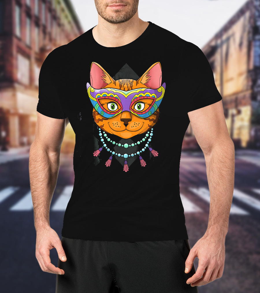 Mardi Gras Cat Mask With Beads And Feathers T-Shirt