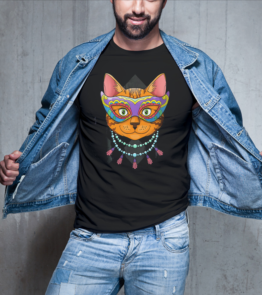 Mardi Gras Cat Mask With Beads And Feathers T-Shirt