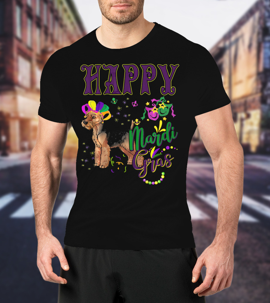 Happy Mardi Gras Welsh Terrier Masquerade Beads And Stars T-Shirt