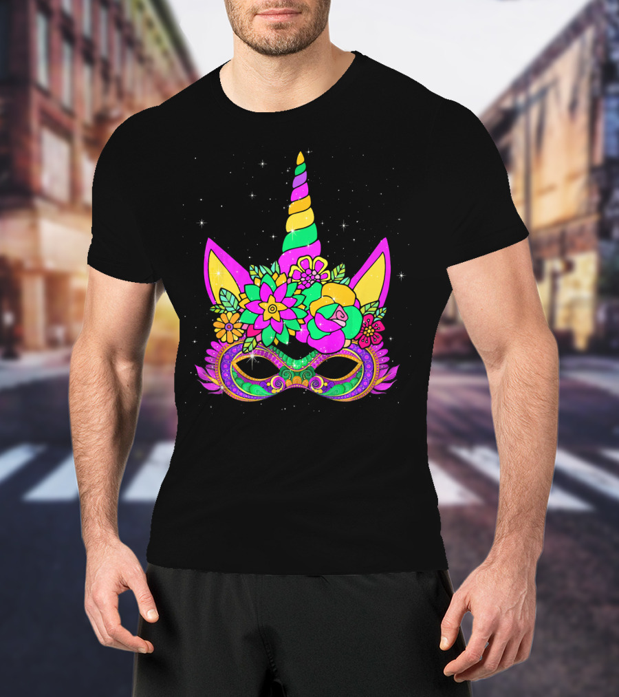Mardi Gras Unicorn Floral Mask With Colorful Decorations T-Shirt