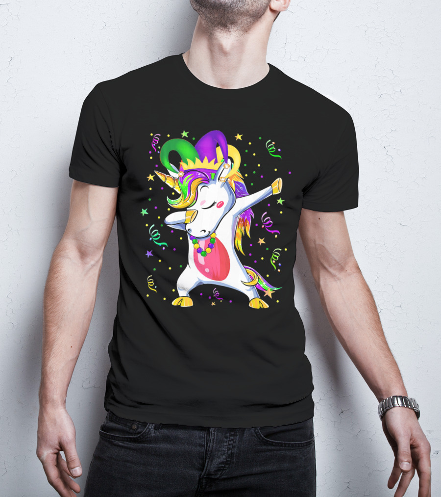 Mardi Gras Unicorn Dabbing Celebration With Beads And Jester Hat T-Shirt