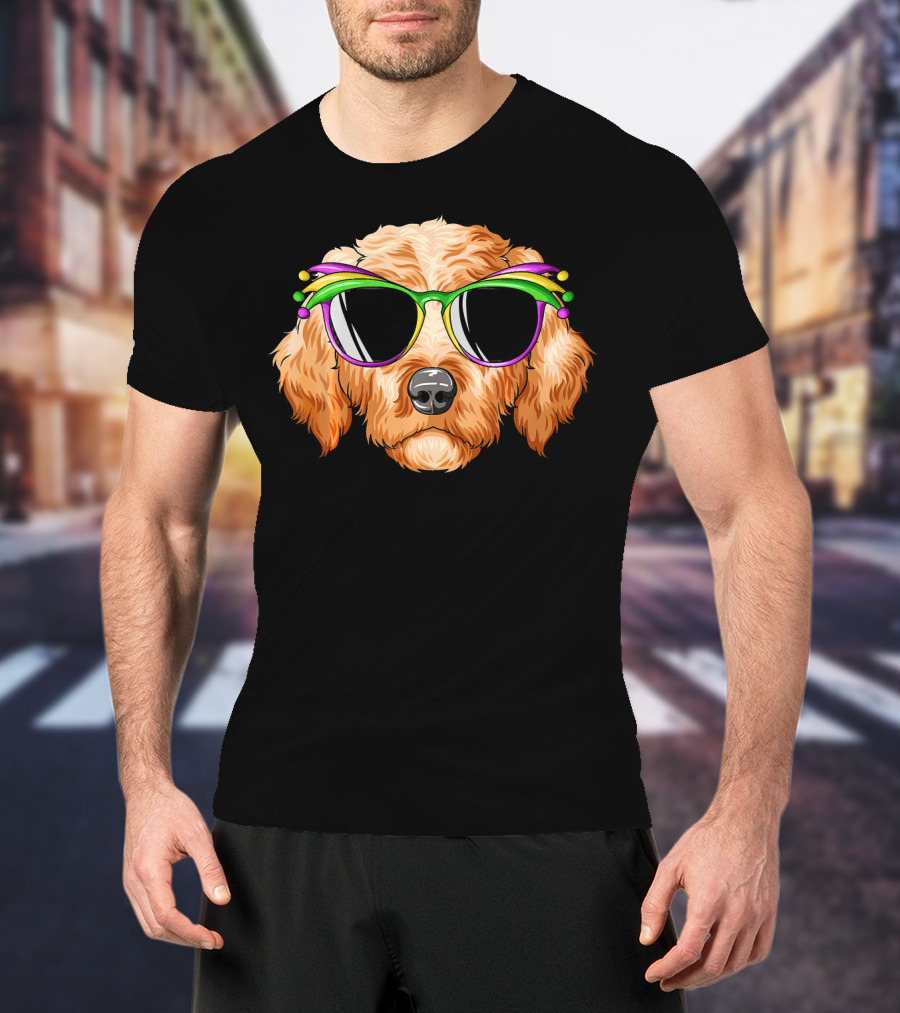 Goldendoodle Mardi Gras Carnival Mask Sunglasses T-Shirt
