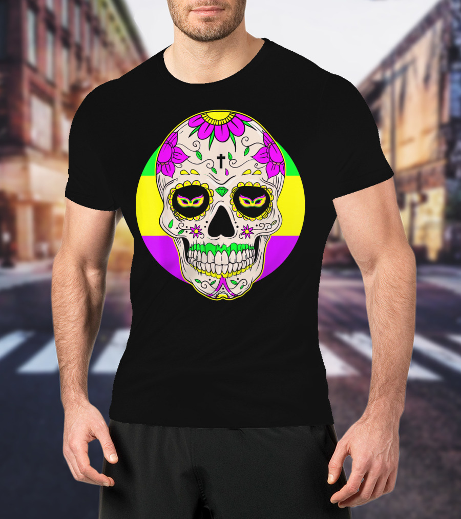 Mardi Gras Sugar Skull With Jester Hat And Mask Elements T-Shirt