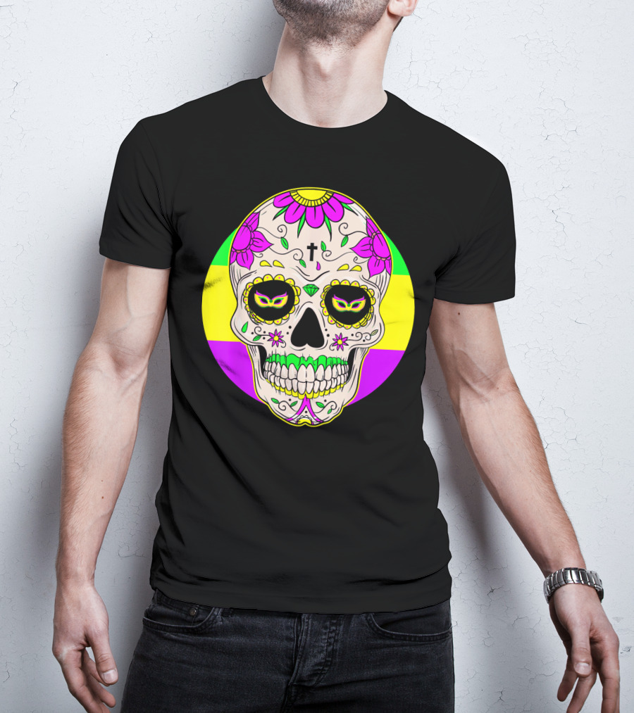Mardi Gras Sugar Skull With Jester Hat And Mask Elements T-Shirt