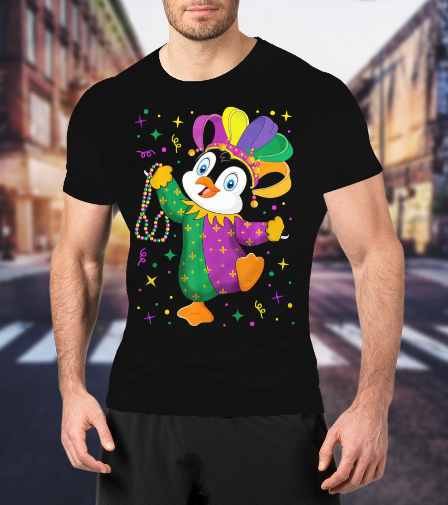 Cute Penguin Jester With Mardi Gras Colors And Beads T-Shirt