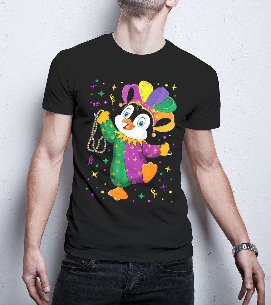Cute Penguin Jester With Mardi Gras Colors And Beads T-Shirt