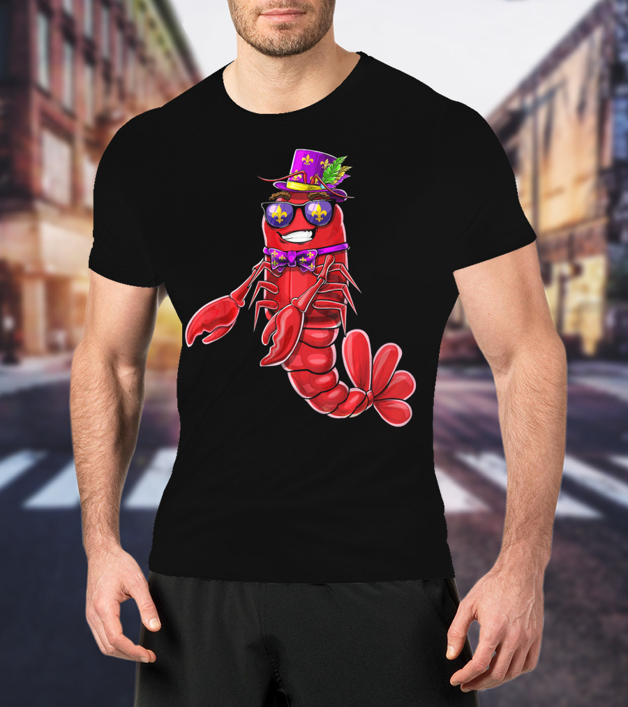 Flossing Crawfish In Mardi Gras Jester Hat With Beads And Fleur-de-lis Glasses T-Shirt