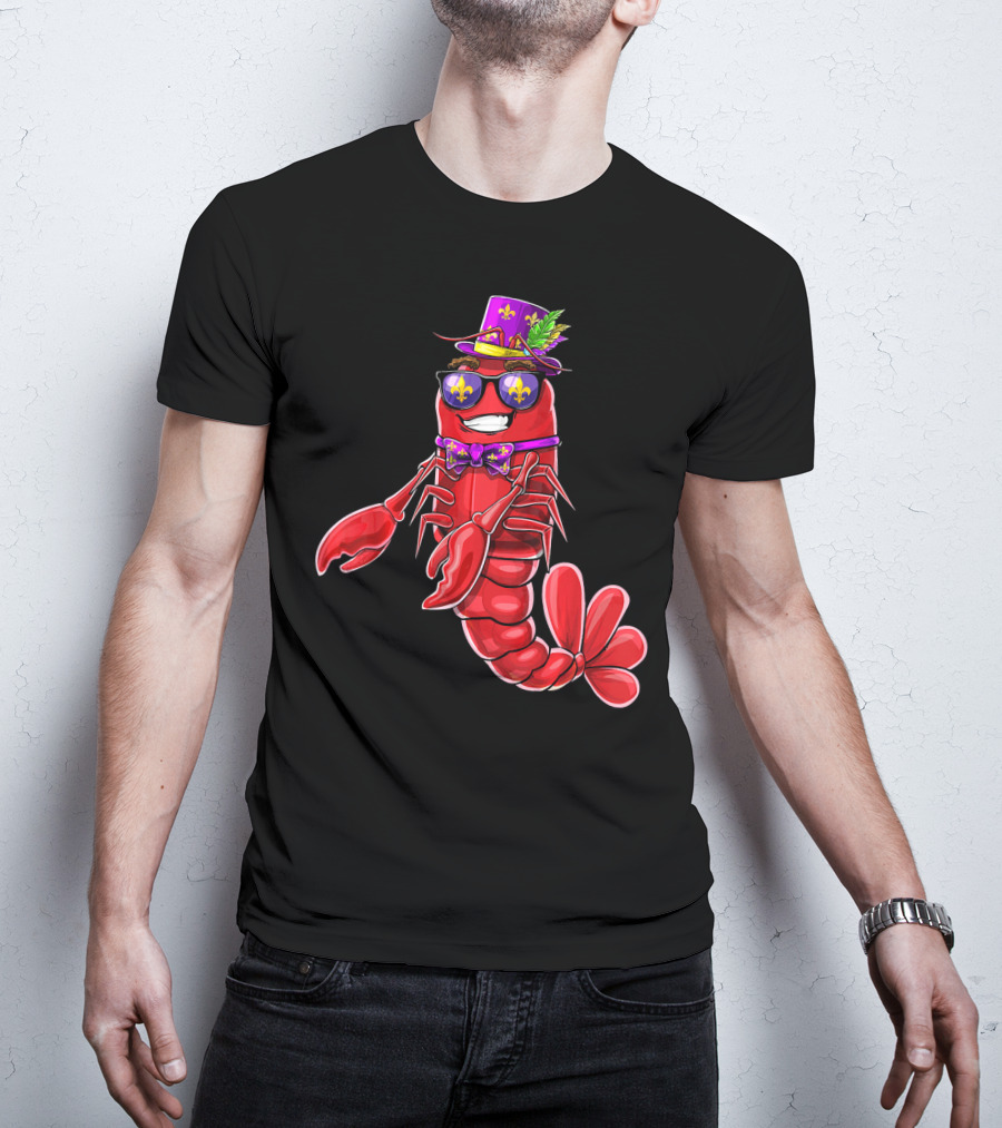 Flossing Crawfish In Mardi Gras Jester Hat With Beads And Fleur-de-lis Glasses T-Shirt