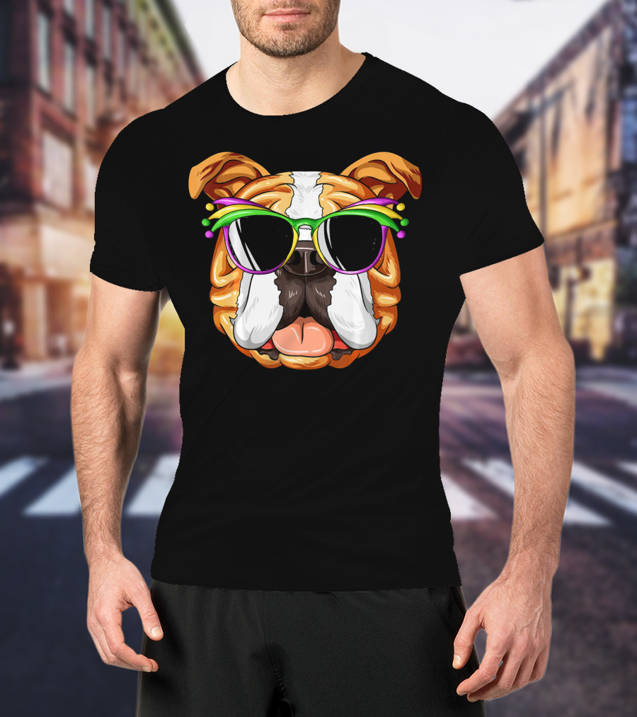 English Bulldog Wearing Colorful Mardi Gras Carnival Mask Glasses T-Shirt