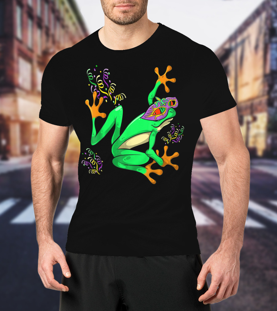 Frog In Mardi Gras Mask With Party Streamers T-Shirt