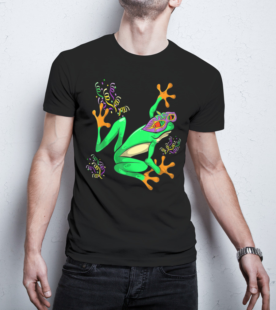 Frog In Mardi Gras Mask With Party Streamers T-Shirt