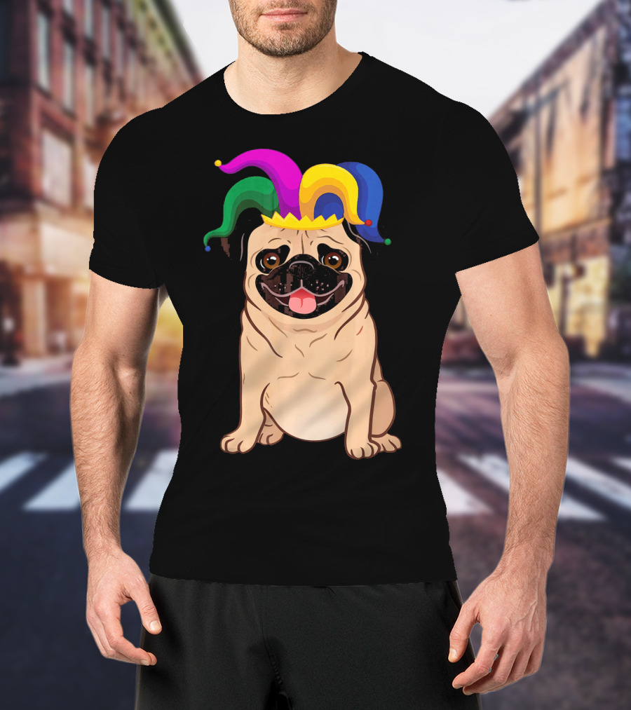 Pug Dog Wearing Colorful Jester Hat For Mardi Gras T-Shirt