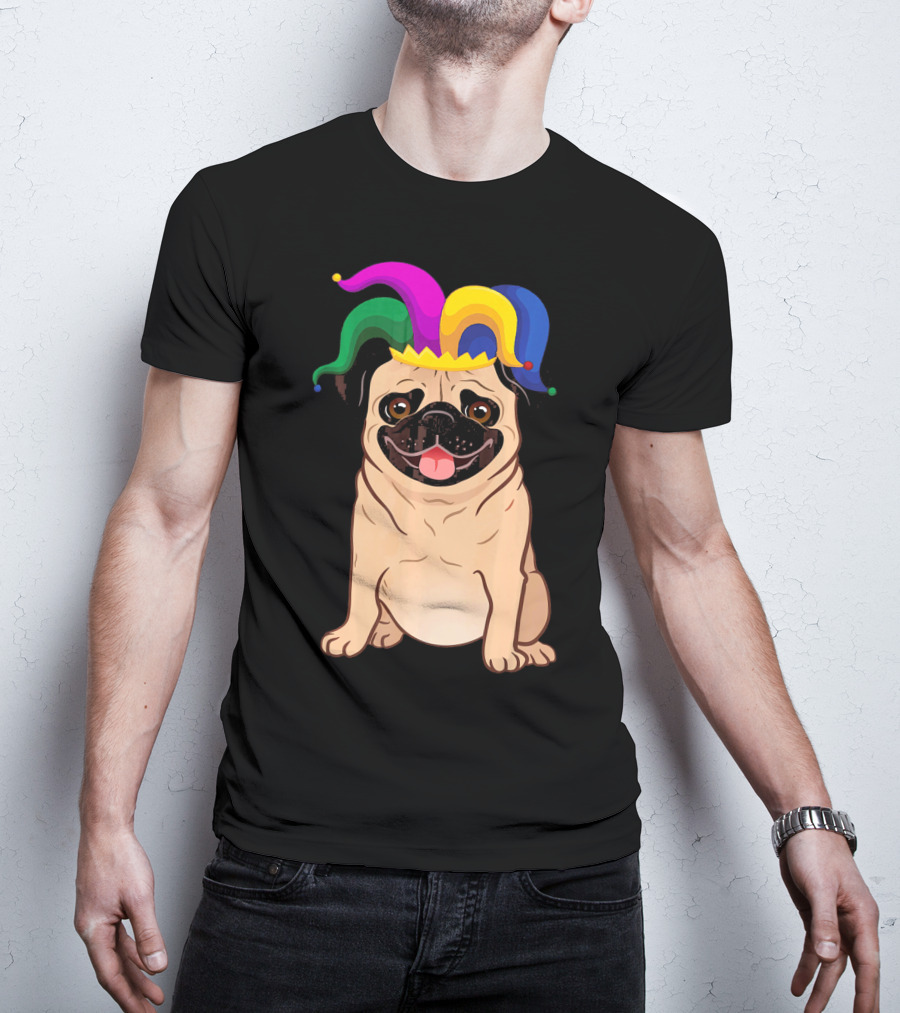 Pug Dog Wearing Colorful Jester Hat For Mardi Gras T-Shirt