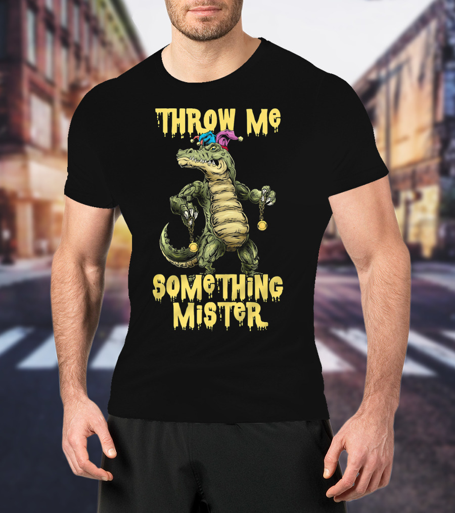 Throw Me Something Mister Mardi Gras Alligator With Beads And Jester Hat T-Shirt