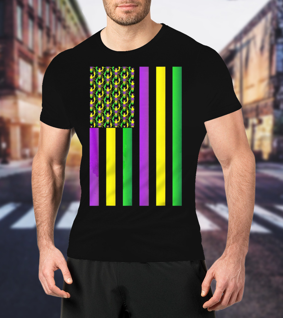 Usa Flag Mardi Gras Crawfish Purple Yellow Green Stripes T-Shirt