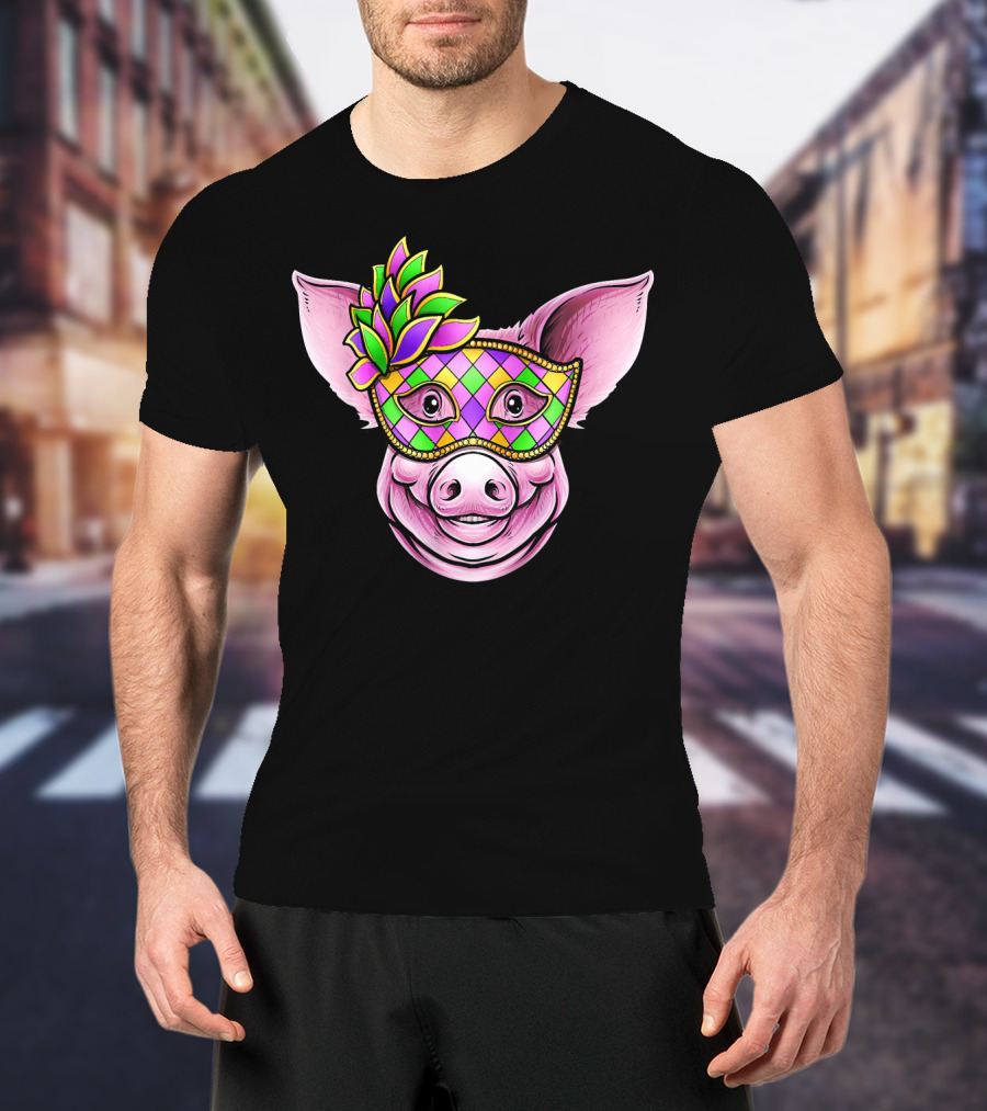 Piglet With Colorful Carnival Mask Happy Festival Face T-Shirt